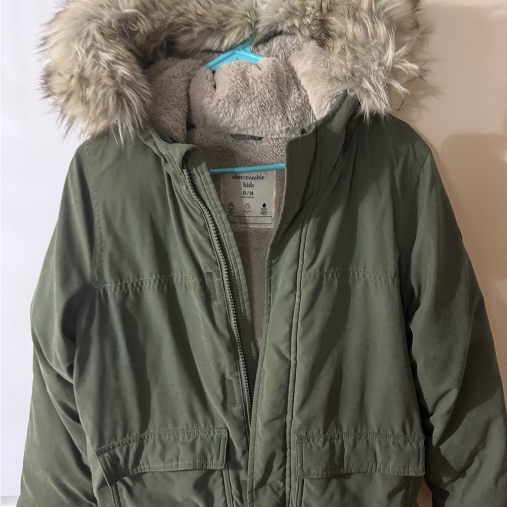 Abercrombie Kids Olive Green Puffer Jacket with Faux Fur Hood